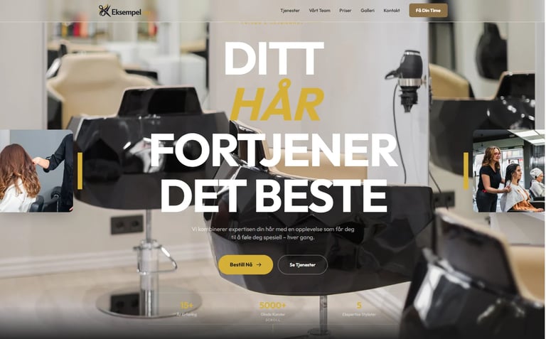 Hair salon website homepage with blonde woman, professional styling tools, and Swedish text promoting hair treatments and services