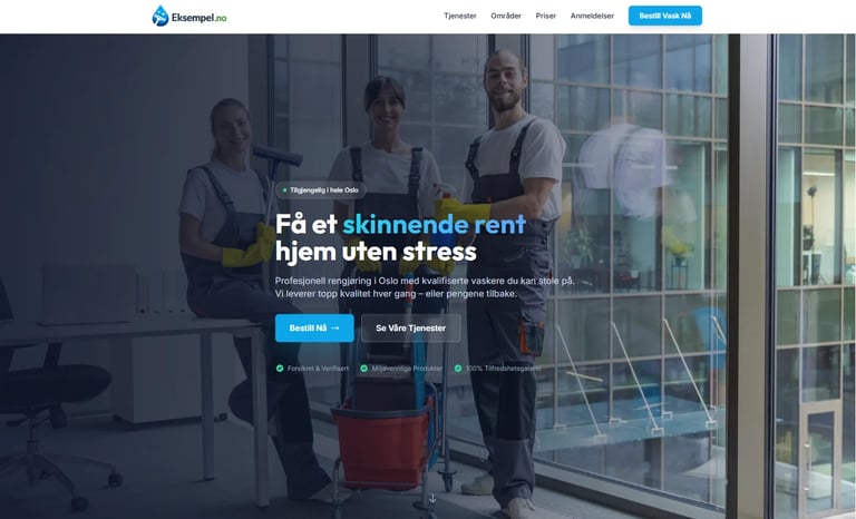 Cleanwell website homepage with text Få et skinnende rent hjem uten stress and three professionals posing in an office setting